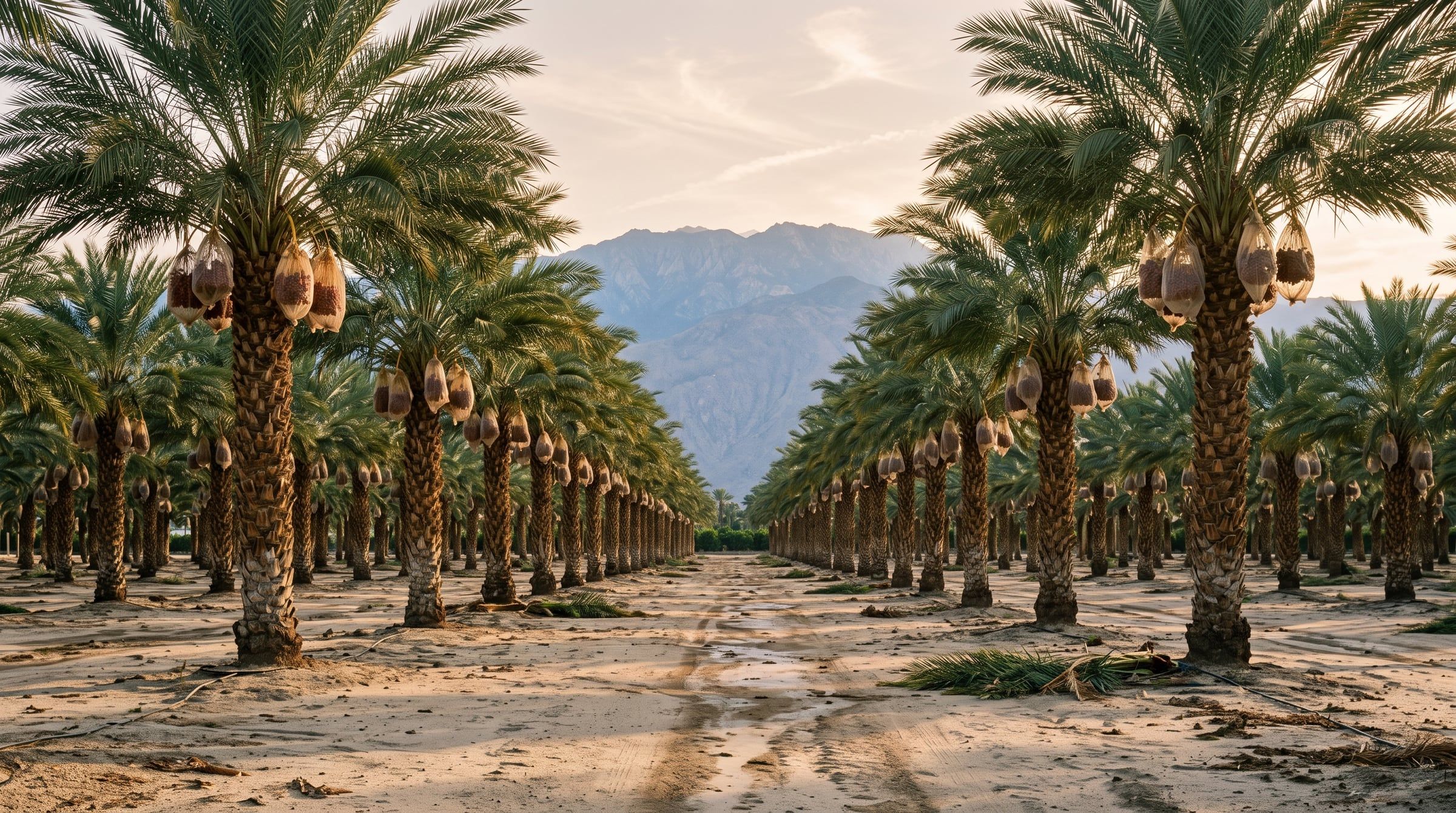 Rows of date palms with mountains beyond