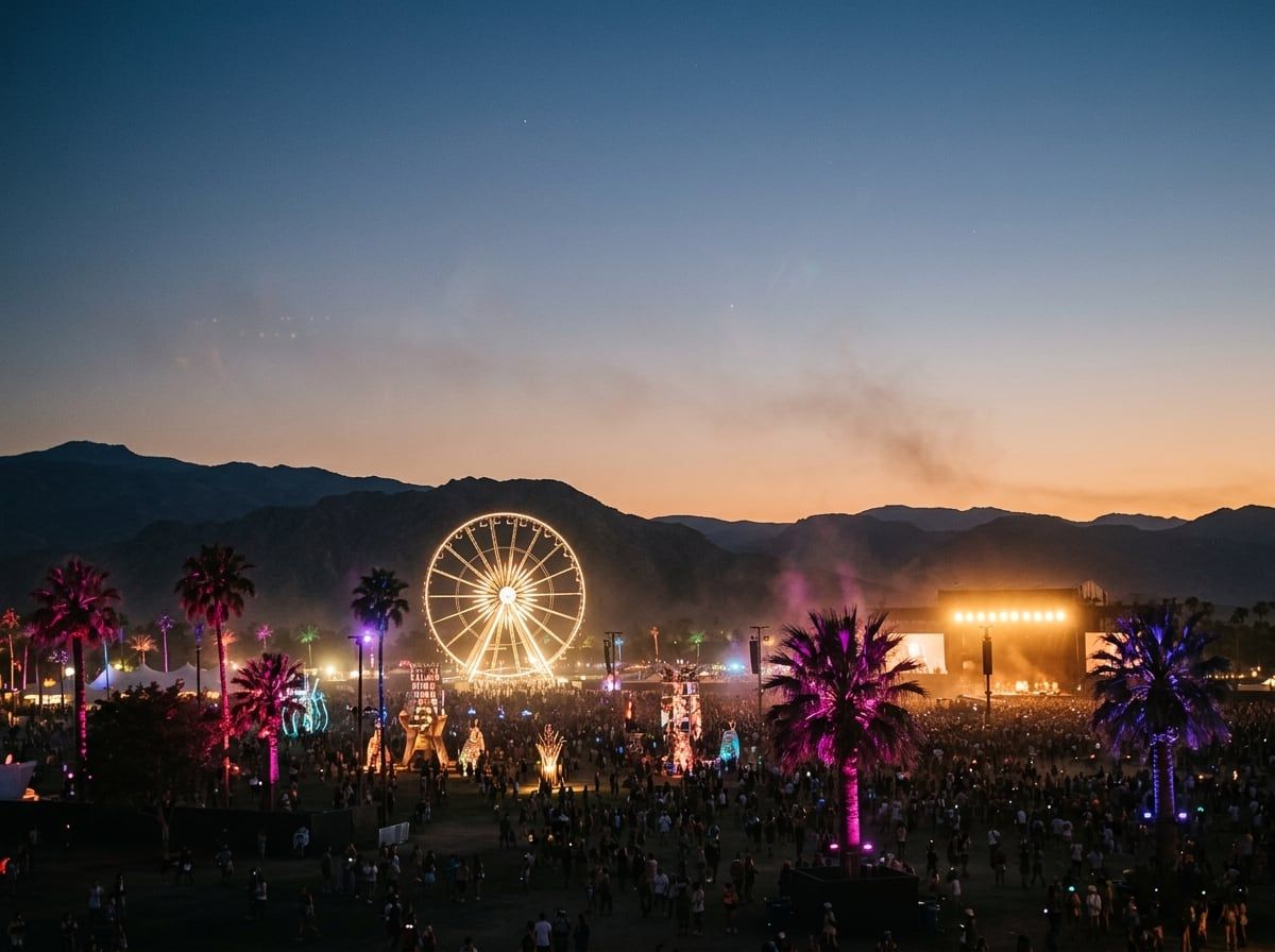 Desert music festival at dusk with a lit Ferris wheel