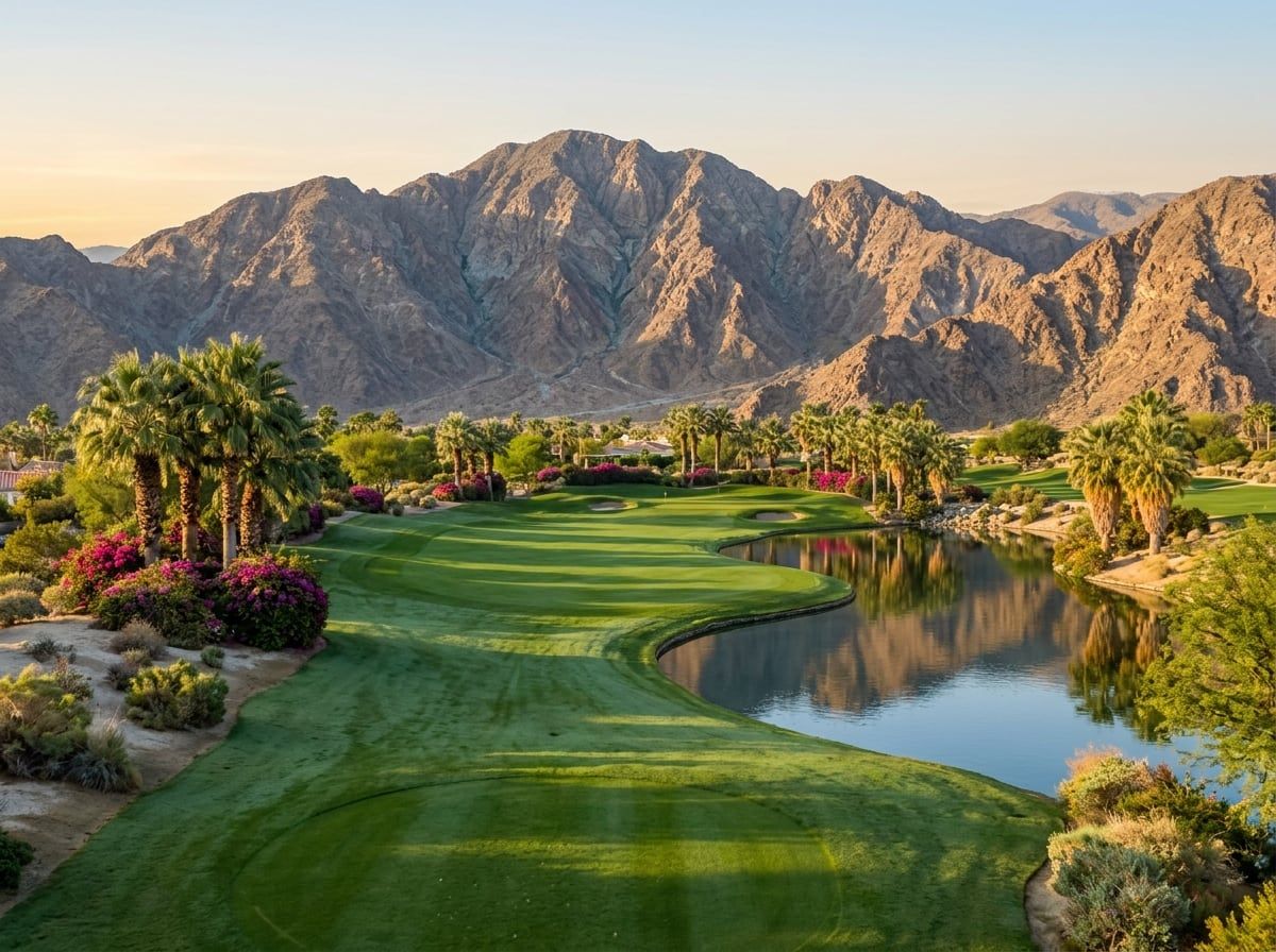 Desert golf course with palms and mountains